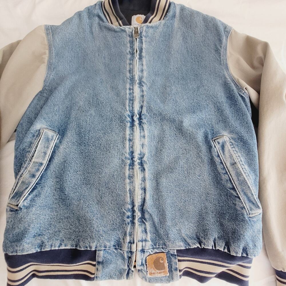Vtg Carhartt Jacket Mens L Blue Denim Varsity Detroit Collegiate Bomber USA Made - Picture 2 of 16